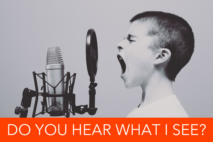 Little boy shouting into a microphone.